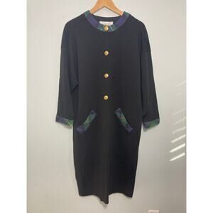Adrienne Vittadini Women’s Sz 16 black cotton knit dress plaid trim gold buttons